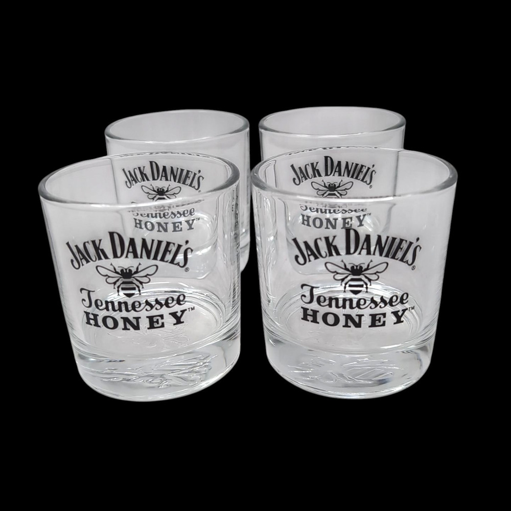 Jack Daniels Tennessee Honey Set of 4 Whiskey Glasses on the‎ Rocks Bee Bottom